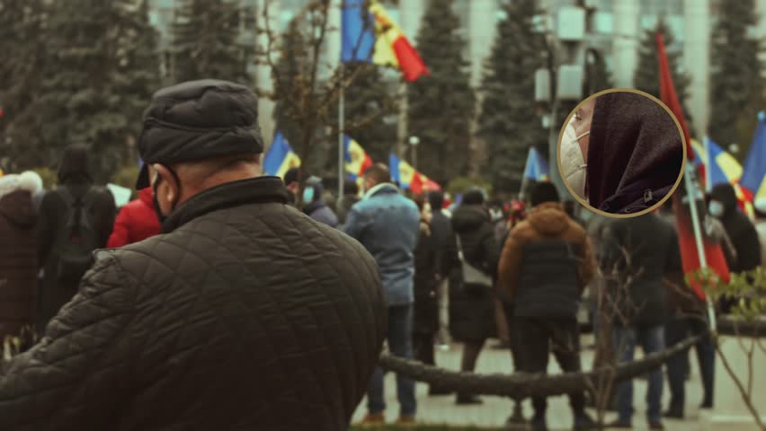Video collage of Chisinau, Republic of Moldova - December 06, 2020: Moldovan people meeting for a peaceful political demonstration, protesting against the government, wearing protective face masks