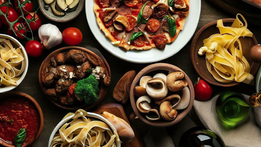 Delicious Italian Food Top View dolly shot