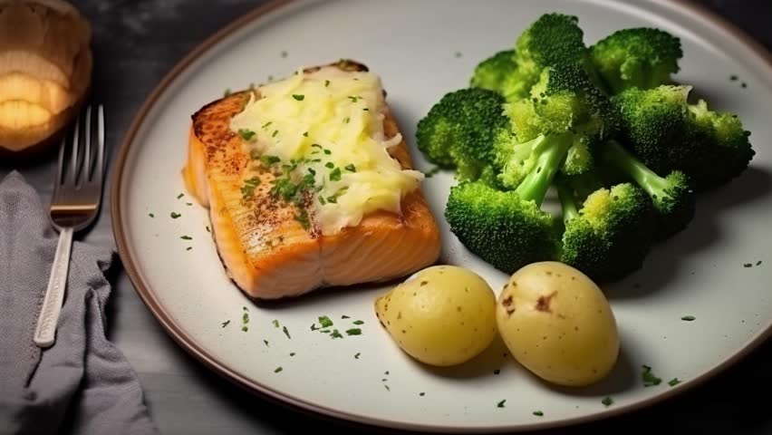 Homemade baked salmon served with potatoes broccoli and sauerkraut