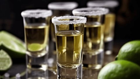Стоковое видео: Golden Tequila shots served with lime and sea salt on table
