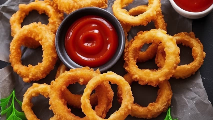 Homemade crunchy fried onion rings with tomato sauce, Top view