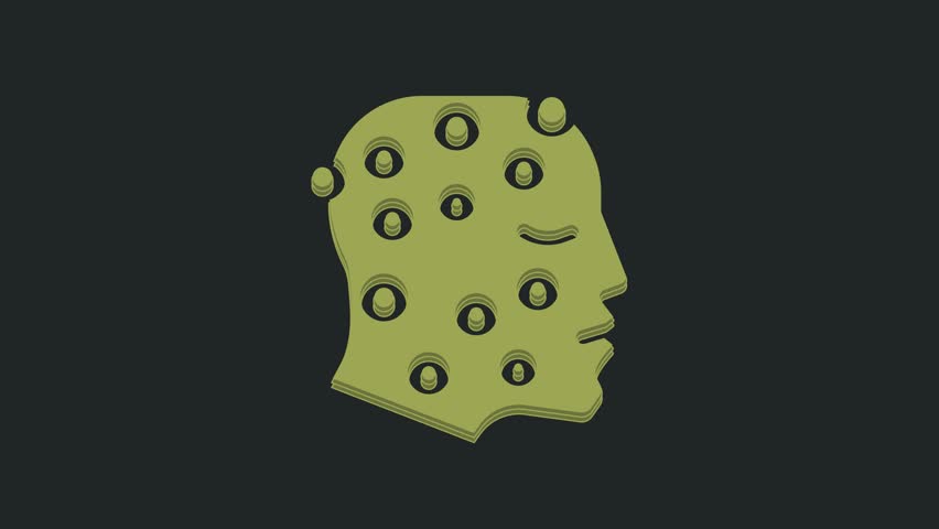 Green Face with psoriasis or eczema rash icon isolated on black background. Concept of human skin response to allergen or chronic body problem. 4K Video motion graphic animation.