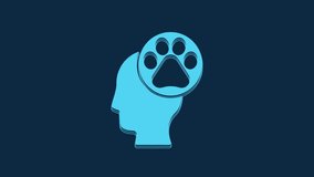 Blue Human head with animals footprint icon isolated on blue background. Pet paw in heart. Love to the animals. 4K Video motion graphic animation.