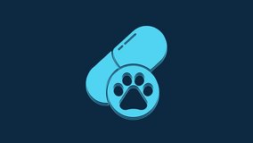Blue Dog pill icon isolated on blue background. Prescription medicine for animal. 4K Video motion graphic animation.