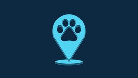 Blue Map pointer with veterinary medicine hospital, clinic or pet shop for animals icon isolated on blue background. Vet or veterinarian clinic. 4K Video motion graphic animation.