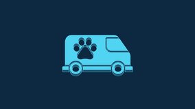 Blue Veterinary ambulance icon isolated on blue background. Veterinary clinic symbol. 4K Video motion graphic animation.