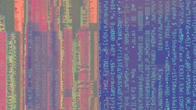 Vertical video. Computer glitch. Program failure. Hacking attack. Blue pink color pixel noise distortion defect on script text abstract background.