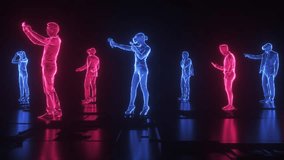 This Stock motion graphics video shows a Neon Glowing HUD Characters in Metaverse futuristic background on seamless loop

