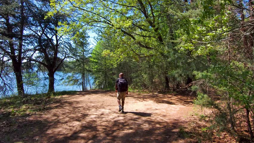 footage of an African American man hiking on the banks of Lake Lanier with rippling water, green trees and plants and a gorgeous clear blue sky at Lanier Point Park in Gainesville Georgia USA