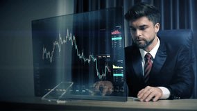A businessman analyzing stock market, crypto trading, info graphic with animated graphs, charts and data numbers insight on a transparent monitor display screen. Business concept - Powered by Shutterstock - Get 15% off with code: PIKWIZARD15