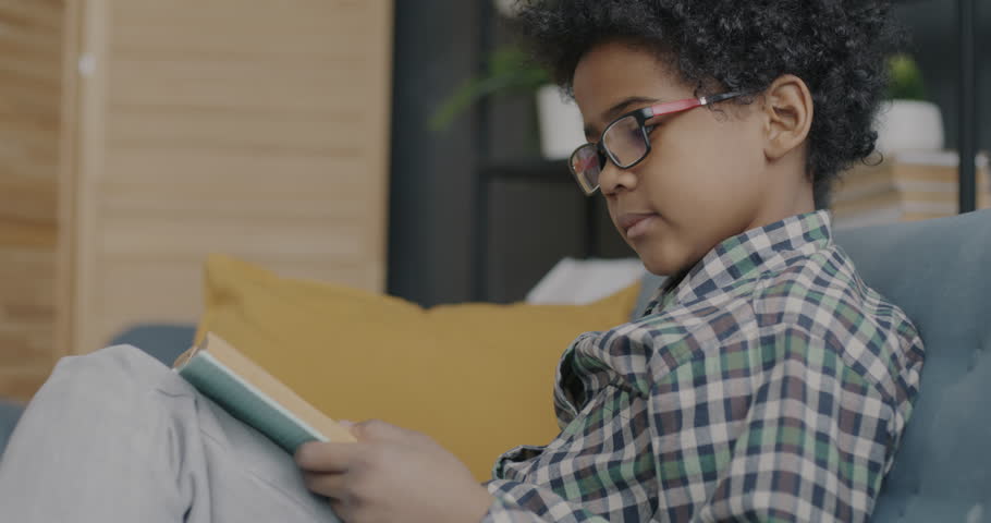 Slow motion side view of clever African American child reading interesting book smiling sitting on couch at home. Childhood and literature concept. Royalty-Free Stock Footage #1102969159