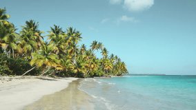 The perfect backdrop for a relaxing Maldives holiday. Sea tropical white sand beach. Bright palm trees and turquoise ocean against a blue sky with clouds on a sunny summer day. Video is toned.
