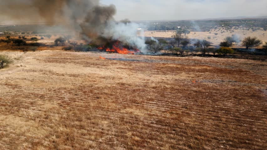 Aerial view of wildfire smoke and flames, threatening traffic on a highway road
