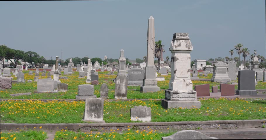 Establishing shot of Old City Cemetery in Galveston, Texas