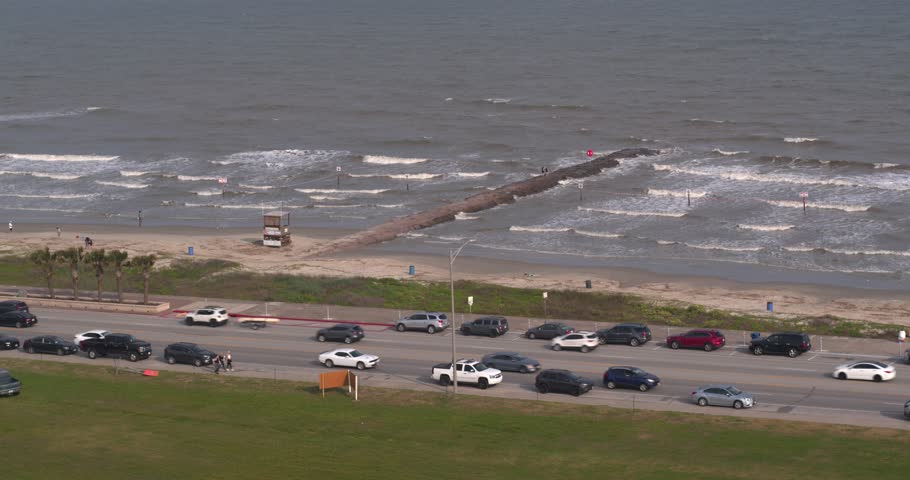 Drone view of Galveston Beach in Galveston, Texas