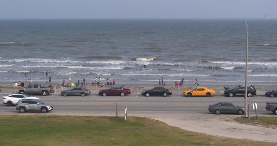 Drone view of Galveston Beach in Galveston, Texas