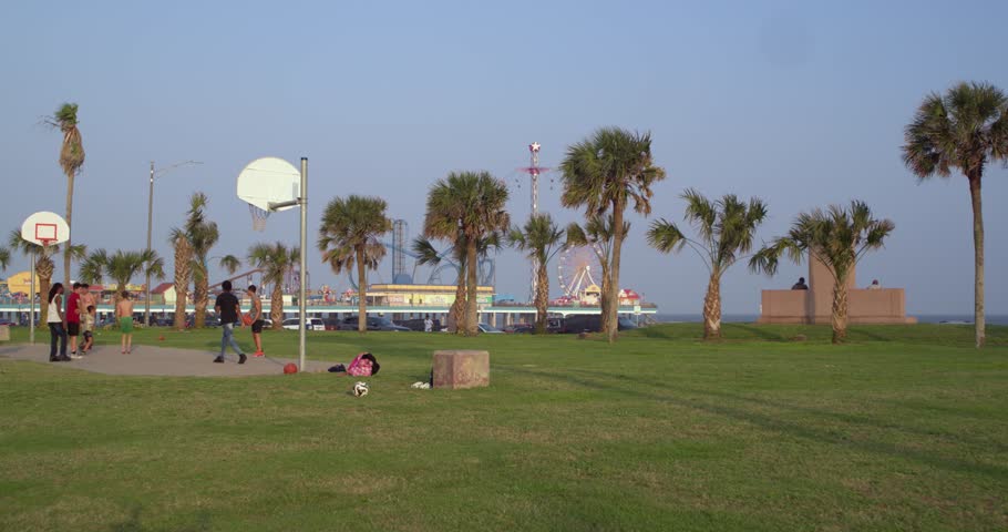 View of city park off the coast of Galveston beach in Galveston, Texas