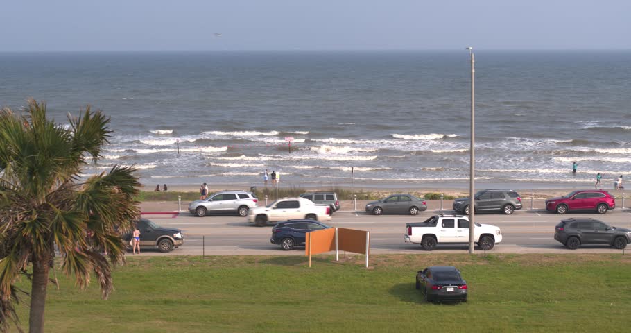 Drone view of Galveston Beach in Galveston, Texas