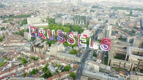 Inscription on video. Brussels, Belgium. The complex of buildings of the European Parliament. State institution. Glitch effect text, Aerial View - Powered by Shutterstock - Get 15% off with code: PIKWIZARD15