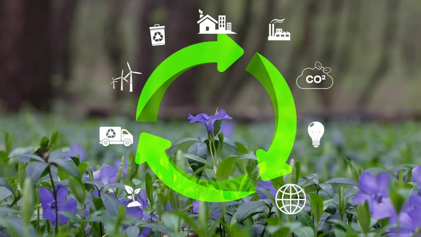 The emblems of the cyclic economy On green backdrop,. Recycling, the environment, reusing, manufacturing, waste, consumers, resources all part of circular economy idea. Development that is long-term Royalty-Free Stock Footage #1102983159