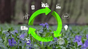 The emblems of the cyclic economy On green backdrop,. Recycling, the environment, reusing, manufacturing, waste, consumers, resources all part of circular economy idea. Development that is long-term - Powered by Shutterstock - Get 15% off with code: PIKWIZARD15