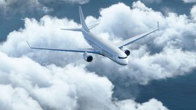 Tracking Shot of White Passenger Civil Airplane Flying Above the Clouds in Bright Sunny Day. Top View - Powered by Shutterstock - Get 15% off with code: PIKWIZARD15