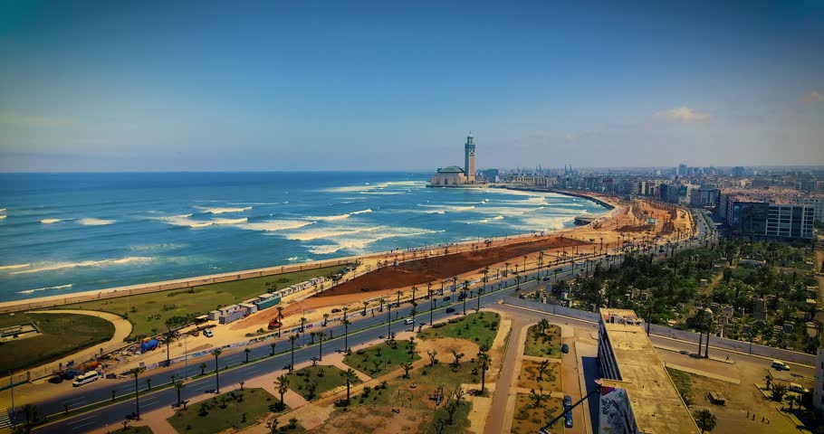 Beautiful drone view of the Hassan 2 mosque with the city of Casablanca in Morocco | Shutterstock HD Video #1102985703