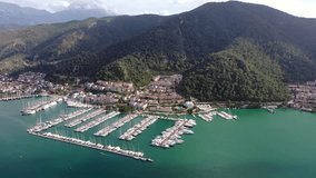 Aerial view of the yacht marina and the city of Fethiye, Mediterranean Sea, Turkey.