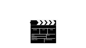 Animated wooden cinema clapperboard loudly clicks before filming starts. Assistant director tool. Cartoon looped video isolated on white background