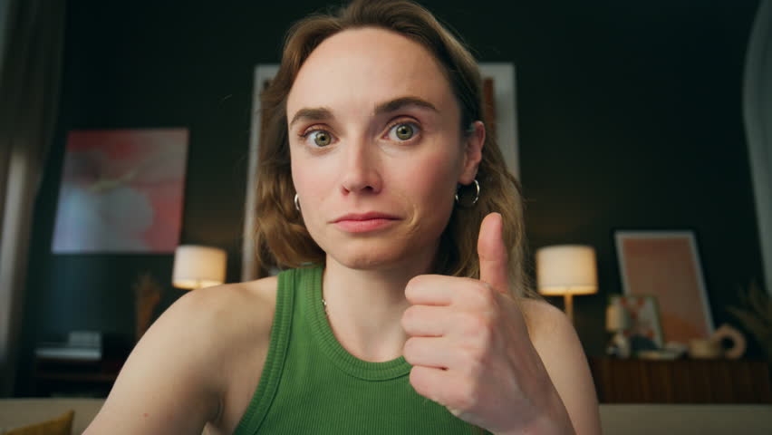 Wondering woman surprised face at home pov. Amazed lady showing big finger gesture videocalling closeup. Positive emotional girl cool gesturing getting great news. Portrait laughing hipster video chat