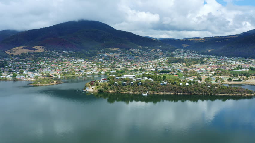 MONA Hobart Art Museum And Tasmania Skyline View Aerial Flyover, Australia 4K