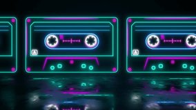 Neon cassette on reflective wet floor, lights up and goes out. Cassette animation. Loop. Retro tape recorder cassettes neon sign, light banner. Back to the 90s. 80s neon style. musiccasette, mix tape - Powered by Shutterstock - Get 15% off with code: PIKWIZARD15