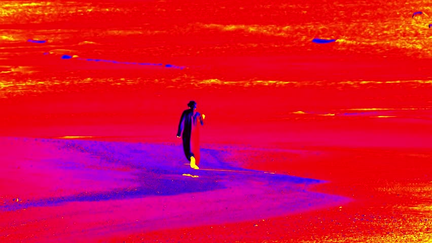 Walk by the Red Sea, seaboard, seagulls over water. Arabic boy in dishdasha, kandur. Illustration of thermal image. Royalty-Free Stock Footage #1102991647