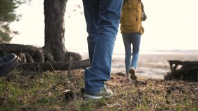 Group of happy travelers in forest. Walking with backpacks in forest. A young family walks in autumn in nature in the park. Hiking active lifestyle. People walking together in the forest at sunset - Powered by Shutterstock - Get 15% off with code: PIKWIZARD15