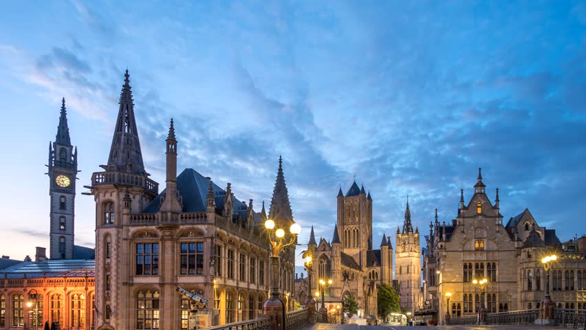 Ghent Belgium time lapse 4K, city skyline night to day timelapse at St Michael