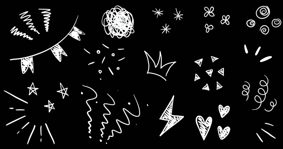 Animated Party Pack. Bunting, Crown, Stars, Lightning, Hearts, Confetti and Daisy. Hand drawn Doodle Birthday Elements, Isolated on Black. Loop 4K Video, Transparent Background. Royalty-Free Stock Footage #1102992893