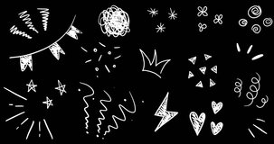 Animated Party Pack. Bunting, Crown, Stars, Lightning, Hearts, Confetti and Daisy. Hand drawn Doodle Birthday Elements, Isolated on Black. Loop 4K Video, Transparent Background.