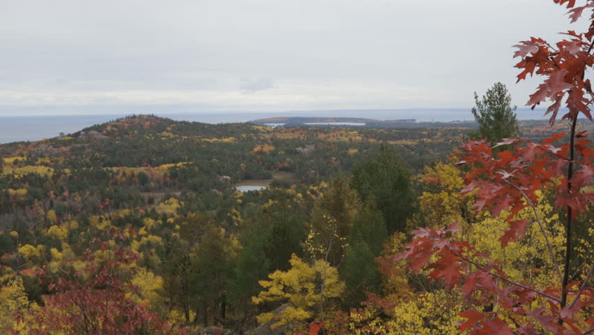 Handheld landscape shot of forests on the shore of Lake Superior. Shot with fall foliage in 4K