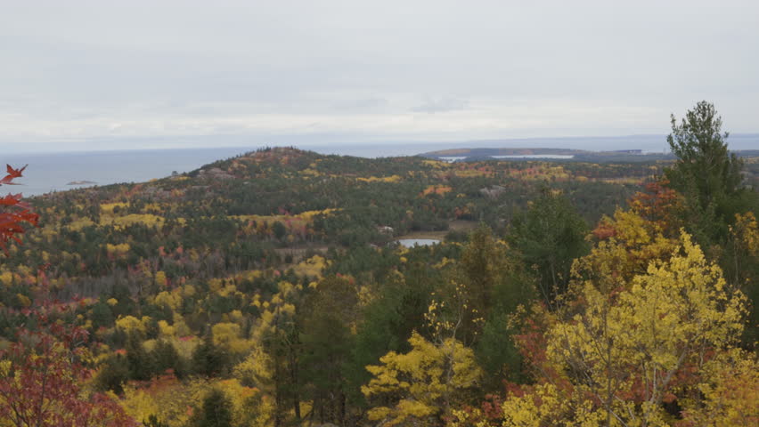 Handheld landscape shot of forests on the shore on Lake Superior. Shot in 4K
