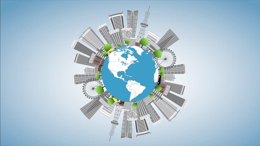 2d Animation of Nagoya Skyline with a spinning globe