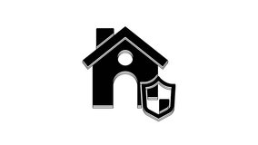 Black House with shield icon isolated on white background. Insurance concept. Security, safety, protection, protect concept. 4K Video motion graphic animation.