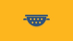 Blue Kitchen colander icon isolated on orange background. Cooking utensil. Cutlery sign. 4K Video motion graphic animation.