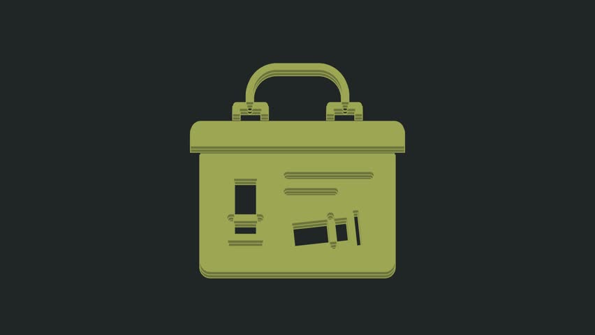 Green Military ammunition box with some ammo bullets icon isolated on black background. 4K Video motion graphic animation.