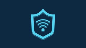 Blue Shield with WiFi wireless internet network symbol icon isolated on blue background. Protection safety concept. 4K Video motion graphic animation.