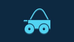 Blue Wooden four-wheel cart with hay icon isolated on blue background. 4K Video motion graphic animation.