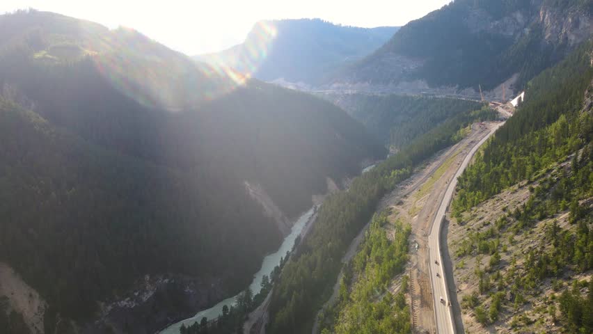 Aerial View of Beautiful Canadian Mountain Landscape during a sunny sunset. Taken near Squamish, North of Vancouver, British Columbia, Canada. Canadian landscape from above
