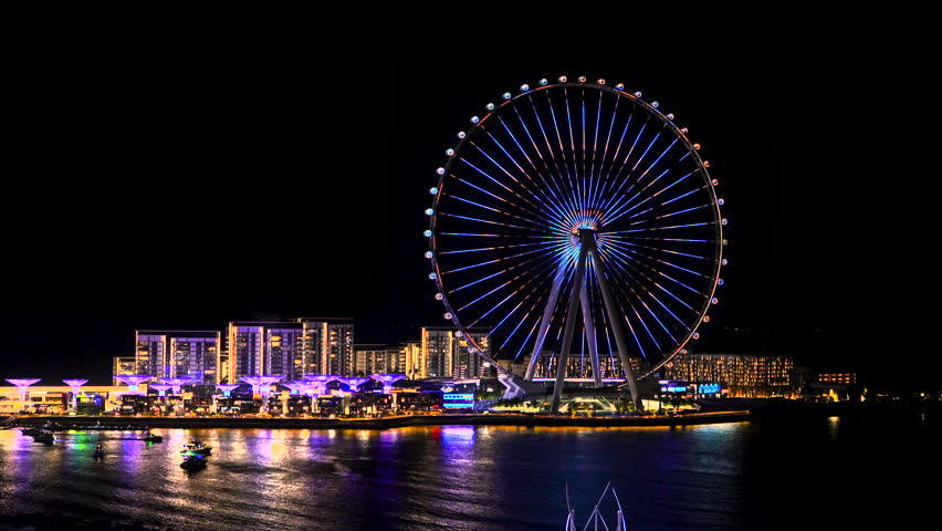 Spiral lights on structure of Ain Dubai Observation Wheel on BlueWaters Island at night
