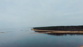 Gauja River Latvia Drain Into Baltic Sea, Carnikava, Latvia. Broken Pines After Storm and Washed Up Shore. Aerial Drone View Cloudy Spring Day, Tree Trunks Washed a Shore in the Beach 4K UHD Video