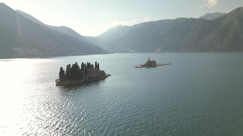 Our Lady of the Rocks Island in Kotor, Montenegro. Drone Dolly Shot