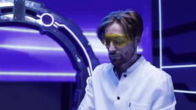 Portrait of successful healthcare worker in white lab coat and protective glasses. Caucasian scientist testing liquids to develop new drug. High quality 4k footage